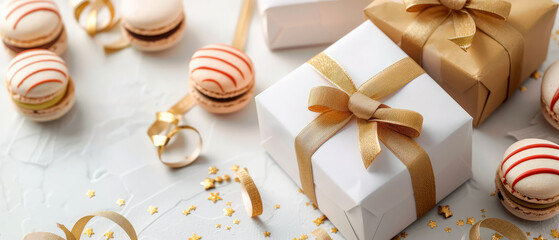 Fototapeta na wymiar Luxury holidays background with gift boxes, beige macarons, sweets delicious, desserts, golden decoration. Pastry food mockup. flat lay. Generative ai