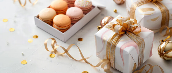 Luxury holidays background with gift boxes, set of macaroons, sweets delicious, desserts, golden decoration. Pastry food mockup. flat lay. Generative ai