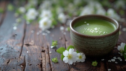Obraz na płótnie Canvas Cup of matcha latte green tea and spring flowers on rustic wooden background