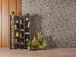 Modern home decoration, grey bookshelf and book, vase of green plant, chair, grey marble and wooden...