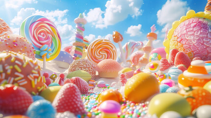 Fototapeta na wymiar Candy market with lots of fruits, sweets, sprinkles, lollipops, candies, looks delicious, Candyland, colorful, mystery background style, highly detailed realism, vibrant, bright colors, detailed sky, 