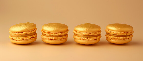 Luxury holidays background with  set of golden macaroons, sweets decoration. Pastry food mockup. flat lay. Generative ai