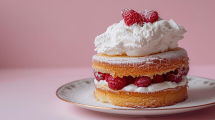 Victoria Sponge Cake With Whipped Cream and Raspberries