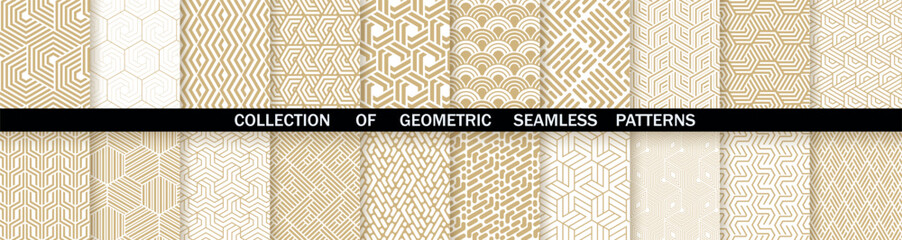 Geometric set of seamless gold and white patterns. Simple vector graphics