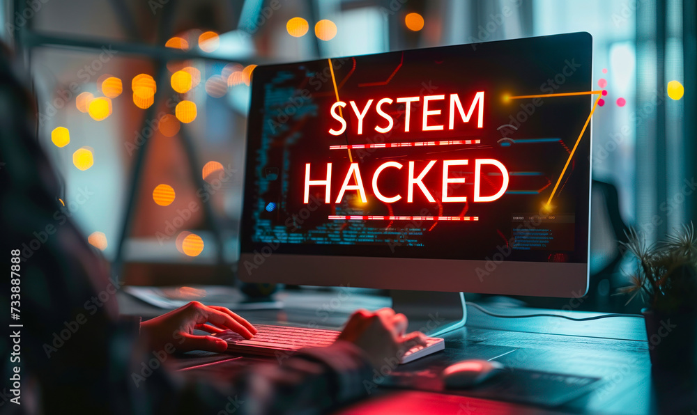 Poster cybersecurity breach warning with system hacked alert on a computer screen in a dark office environm
