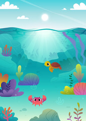 Fototapeta na wymiar Cartoon seabed with cute sea animals. Bright vector underwater ocean floor with plants and baby animals.