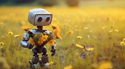 Cute robot picking flowers in the field, holding a bouquet in his hand, wildflowers, realism, background art wallpaper, print, poster, wall painting, interior Generative AI