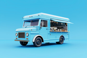 Food truck isolated on blue background. Automobile cafe or restaurant, takeaway food and drinks