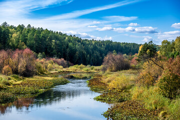 A winding river in the middle of the forest on an autumn day.