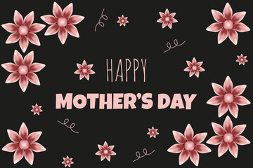 Design Happy Mother's Day banner with sakura flowers isolated black background. Holiday horizontal poster with pink flowers. Vectro illustration can used web backdrop. EPS 10. Mesh gradient