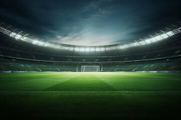 Spotlight Dreams, Empty Soccer Stadium Bathed in Night Lights - obrazy, fototapety, plakaty