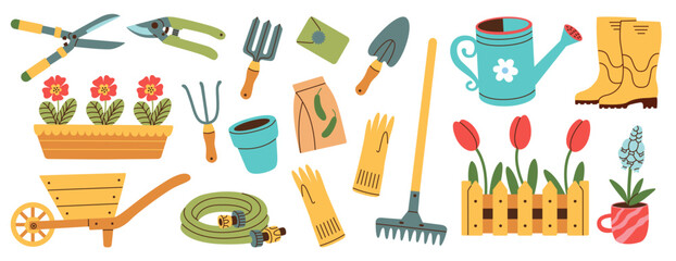 Set of gardening items in hand drawn style. Agricultural and garden tools for spring work. Vector isolated on white. - obrazy, fototapety, plakaty