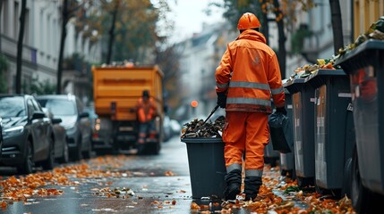 A waster collector collecting garbage on city streets.