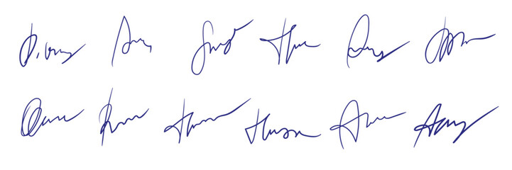 A set of fake personal signatures. Hand-written, blue ink. Vector - obrazy, fototapety, plakaty