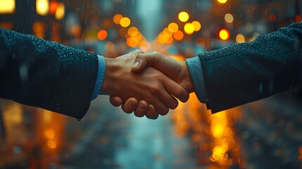 Two businessmen in suits shaking hands in the street, in a business agreement. - obrazy, fototapety, plakaty