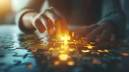 Woman's hand connecting jigsaw puzzle with sunlight effect, Business solutions, success and strategy concept.