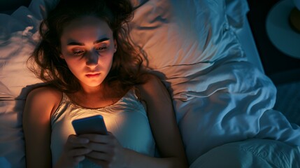 A young sleepless woman in bed scrolling on her phone.