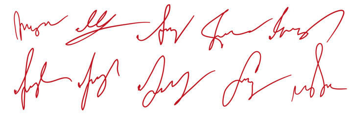 A set of different fake autographs. Hand writing, red ink. Vector - obrazy, fototapety, plakaty