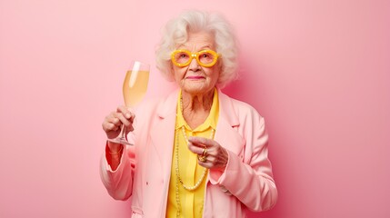 Obraz na płótnie Canvas Funny grandmother portrait. An elderly woman wearing yellow glasses and a pink suit, drinking champagne. Pink background.