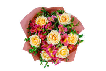 Bouquet of yellow roses and pink alstroemeria wrapped in red paper cone isolated on white, transparent  background. Floral shop, gift, romantic holiday concept. Top view, flat lay.