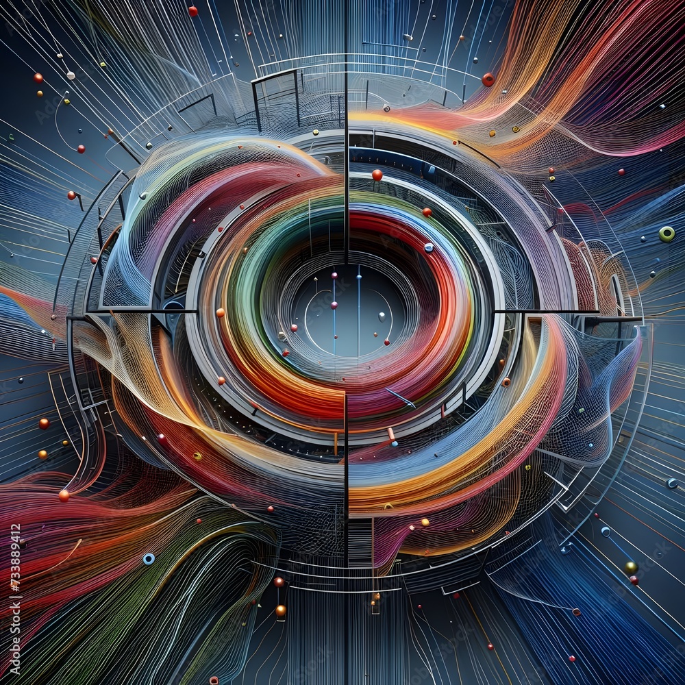 Poster 3d illustration of abstract background with multicolored lines in center. ai generated