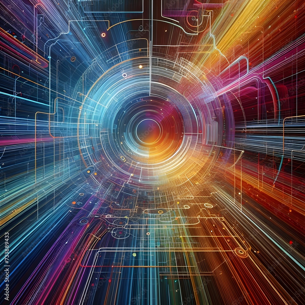 Aufkleber 3d illustration of abstract background with multicolored lines in center. ai generated