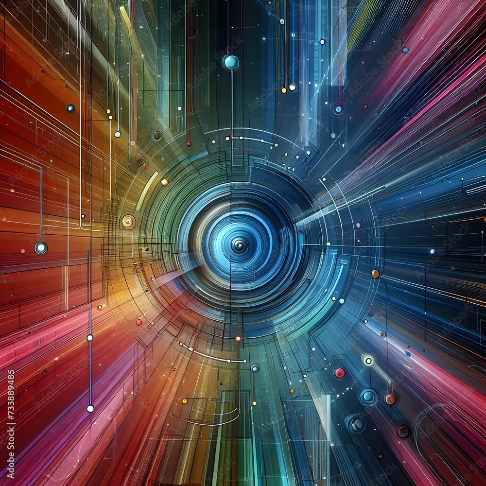 Poster 3d illustration of abstract background with multicolored lines in center. ai generated