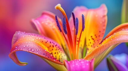 Close Up View of Waterdrops on Colorful Lily Flower