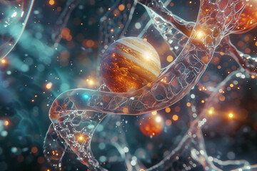A D animation mesh of the solar system embedded within the complex structure of a DNA molecule - obrazy, fototapety, plakaty