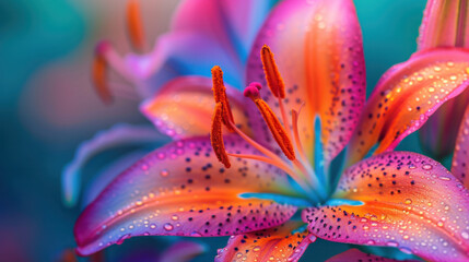 Close-Up of Water Droplets on a Colorful Lily Flower