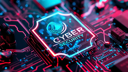 Fototapeta premium Cyber Security logo on an electronic circuit board with processor.