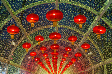 Chinese New Year in Moscow. The glowing tunnel with red decorative lanterns on Tverskoy Boulevard - 733889820