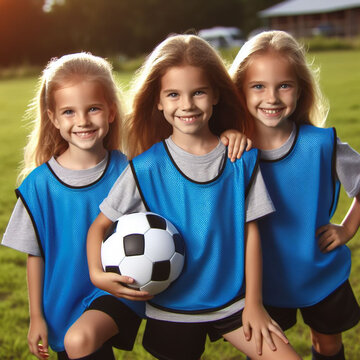 three children girls in blue jerseys playing soccer on a lush green field. They are huddled together, showcasing teamwork and camaraderie.