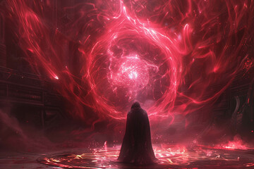 Generate a portrayal of a vampire interacting within an eon plasma environment incorporating a unique celestial aura in the setting - obrazy, fototapety, plakaty