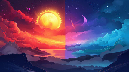 Generate an illustrator art where the sun and moon are interlocked showcasing the dual nature of day and night The backdrop should be as uncommon and distinctive as possible - obrazy, fototapety, plakaty