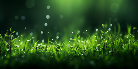 Fresh green grass with dew drops and bokeh background.
