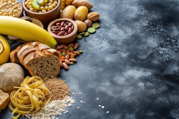 High angle view of various kinds of food rich in carbohydrates