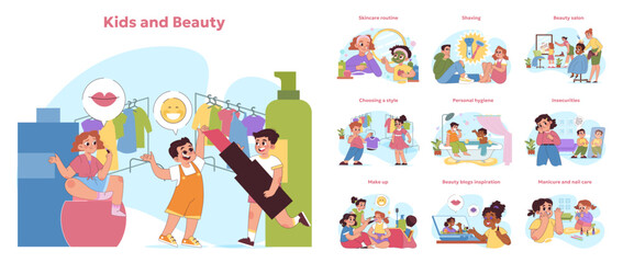 Fototapeta na wymiar Kids and beauty concept set. Children engaging in beauty routines, choosing styles, and learning personal care. Vector illustration