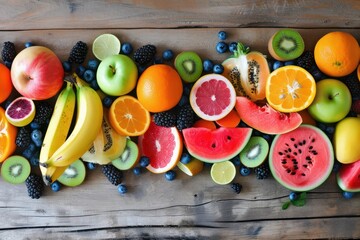 Juicy fruits: Top view of an assortment of various kinds of multicolored fresh juicy fruits 