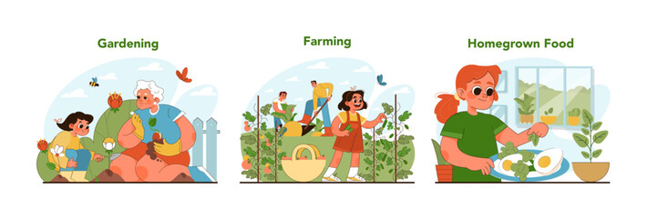 Fototapeta na wymiar Gardening and farming set. Young boys and girls exploring nature with family members. Joy of gardening with elders, teamwork in farming, and pride of homegrown food. Flat vector illustration