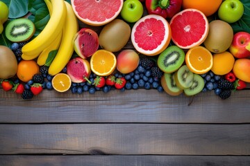 Juicy fruits: Top view of an assortment of various kinds of multicolored fresh juicy fruits 