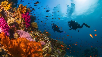 Fototapeta na wymiar Scuba Divers Exploring Vibrant Coral Reef