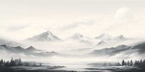 Mountain landscape with lake and fog. Digital art painting style.