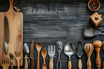 Kitchen Utensils: Top view of various kinds of rustic kitchen utensils