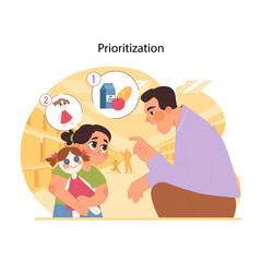 Parental guidance concept. Father explaining importance of needs over wants to his daughter in store, daughter crying, wanting toy doll. Teaching moments in shopping. Flat vector illustration