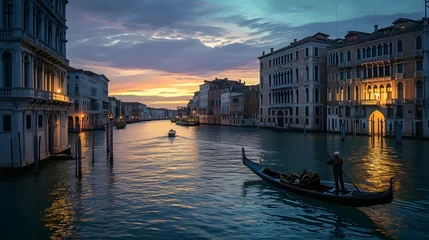 Schilderijen op glas Sunset Gondola Ride on Venetian Canal © Alex