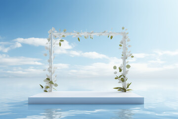 White podium for product presentation with an underwater scene and clouds and leaves flying behind the sky.