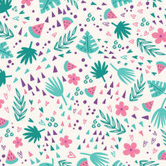 Fototapeta na wymiar Trendy and colourful of Summer Watermelon ,floral and leaves brushed strokes style, seamless pattern vector ,Design for fashion , fabric, textile, wallpaper, cover, web , wrapping and all prints