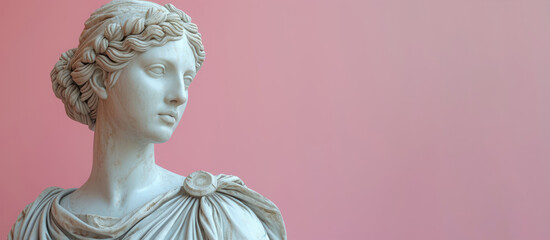 Classical Greek sculpture of a woman against a pink background. Banner with place for text