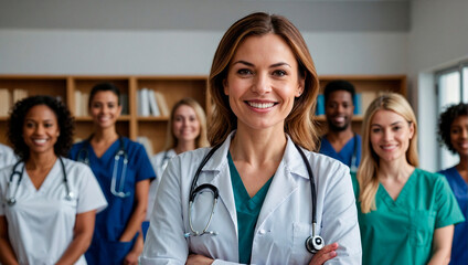Woman doctor smiling standing in medical training class or seminar room